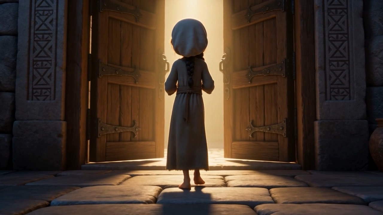 A small barefoot girl standing in the glow of the door