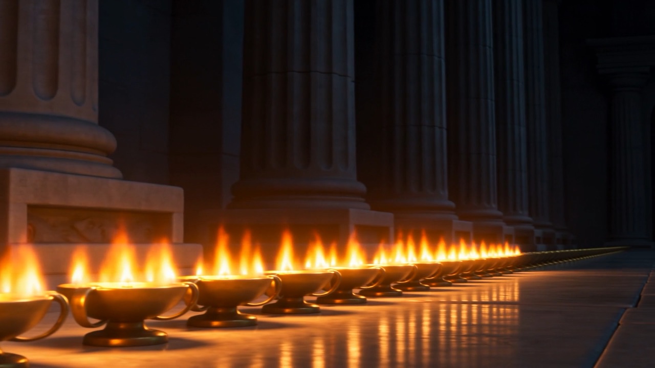 Behind him, a receding avenue of flames he has personally resurrected