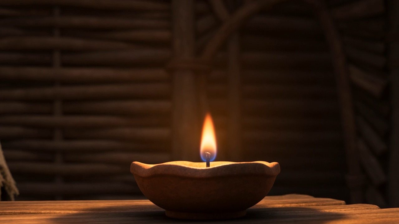 The lamp-flame settles — tall gold shrinking back to humble amber