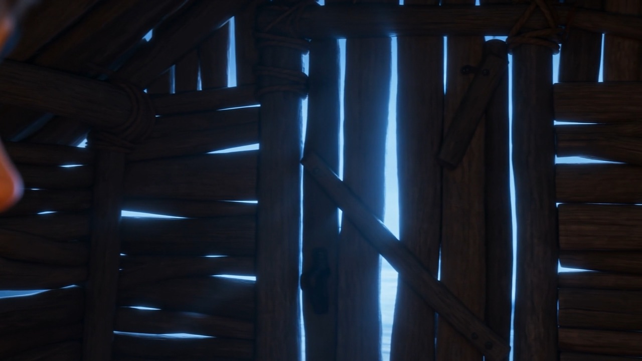 Toward the hut's own crooked door, moonlight seaming its edges