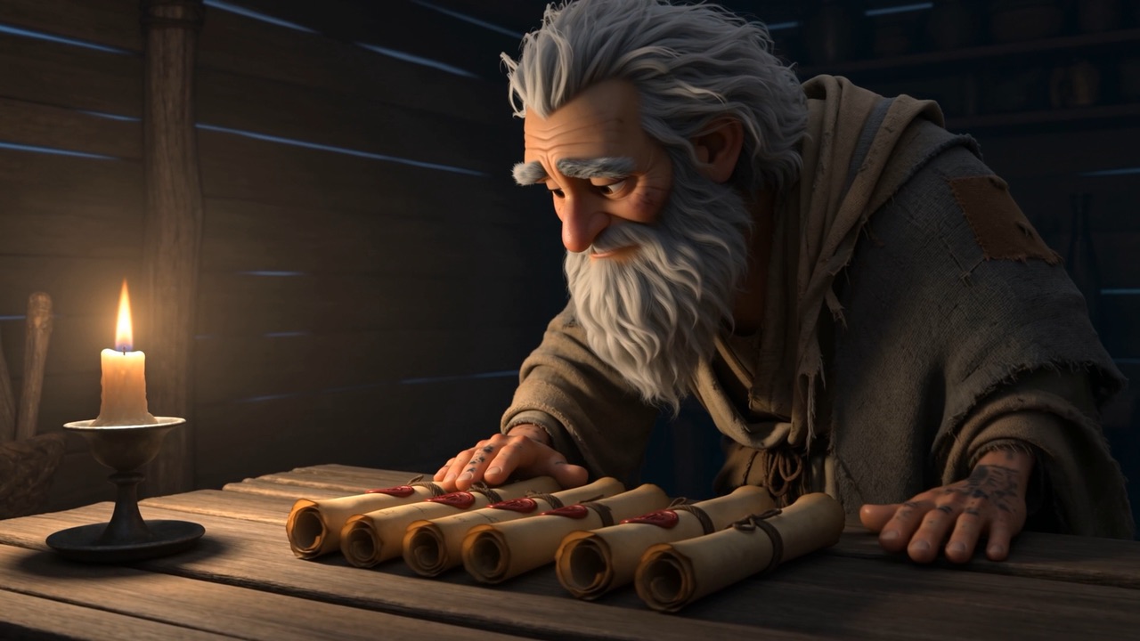 The scrolls laid in a row with a fisherman's neatness — a small fleet on a plank shore