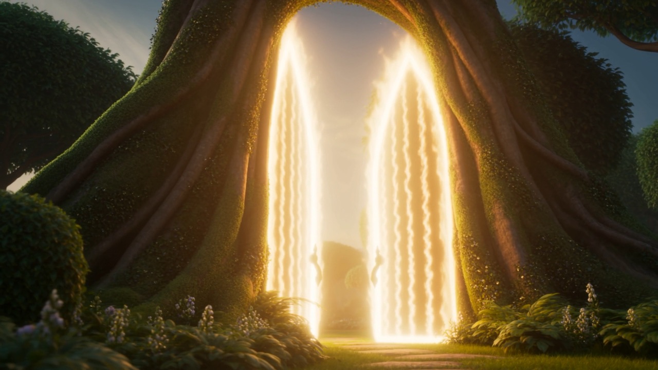 And at the garden's edge: a gate of white-gold flame, barring the way back in