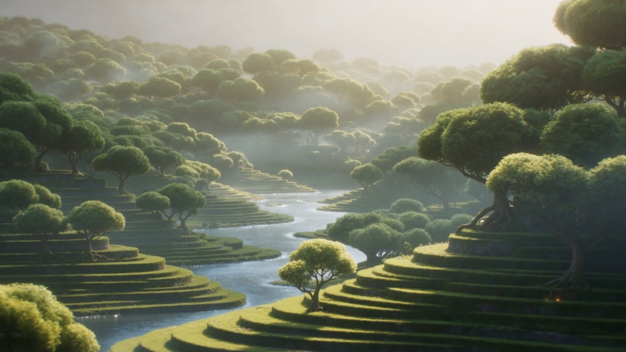 Terraced green abundance, a river threading it in silver