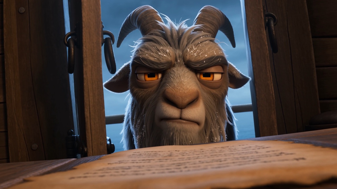 The crooked door eases open — and the goat's head pokes through, surveying the room like an auditor