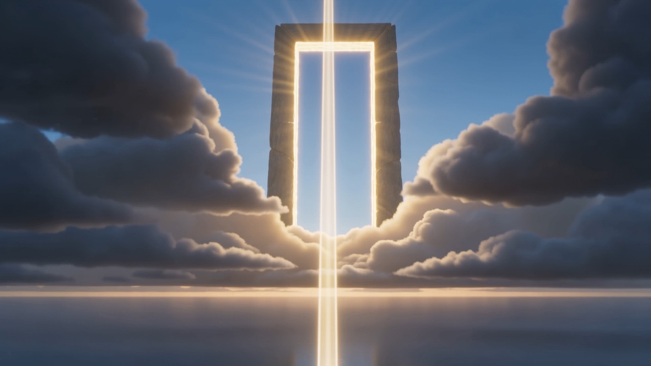 Tall, plain, magnificent — a rectangle of deeper light standing open in the blue