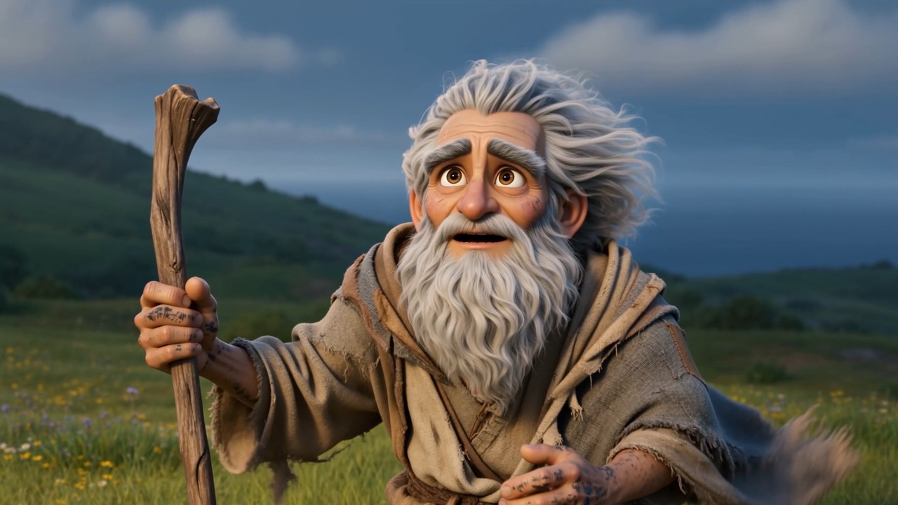 His beard lifts in a rising warm wind
