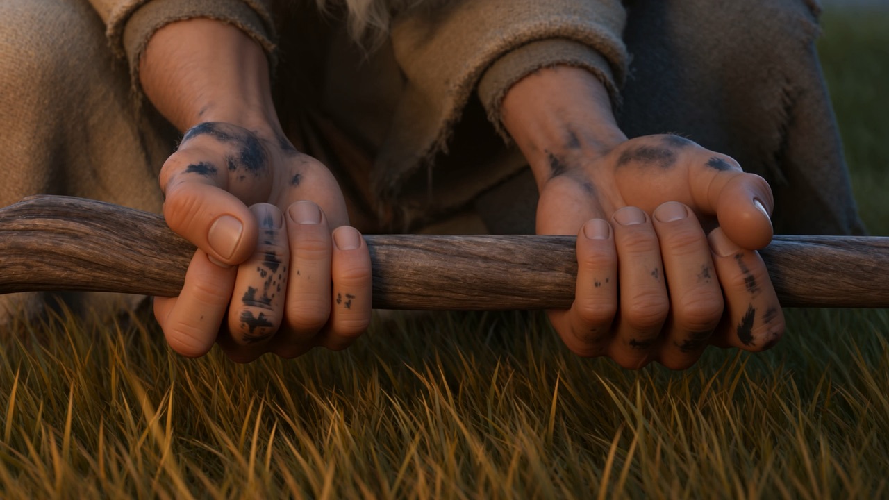 He looks down at the driftwood staff — and sets it down, both hands