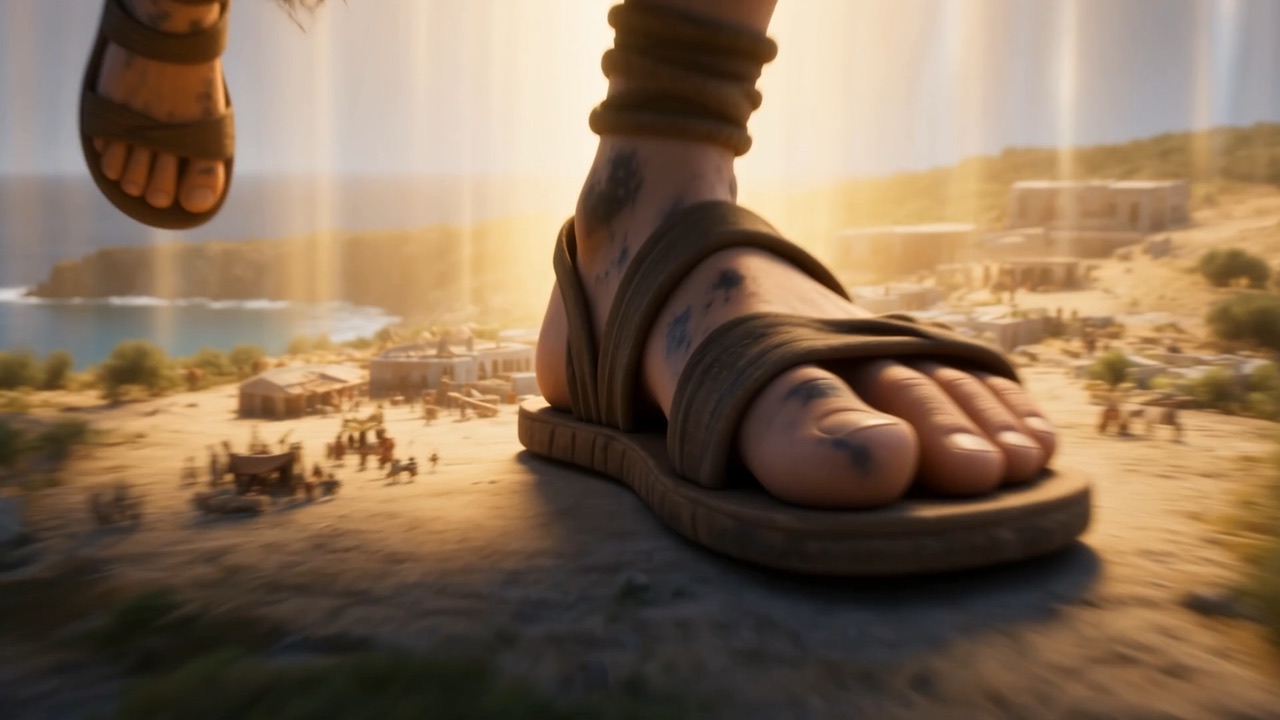 Past his climbing sandals: the island dropping away beneath them
