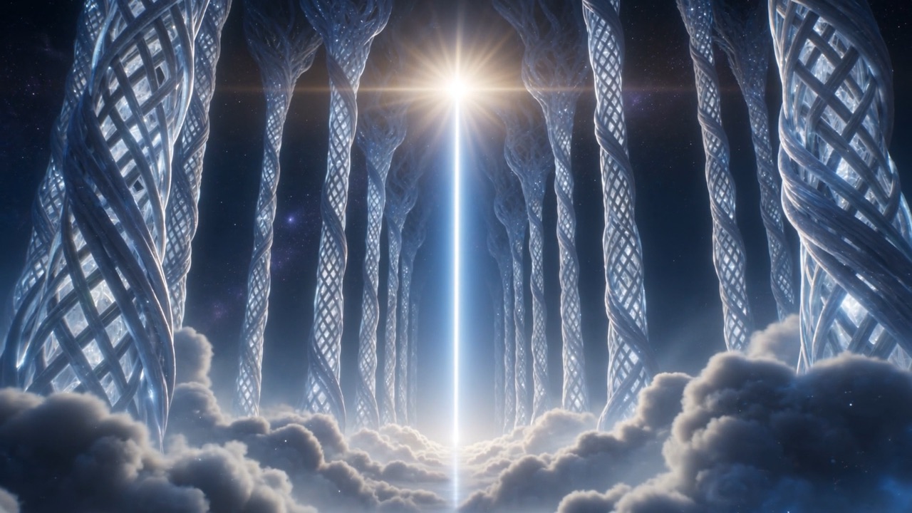 Pillars of woven light going up out of sight; distances that end nowhere