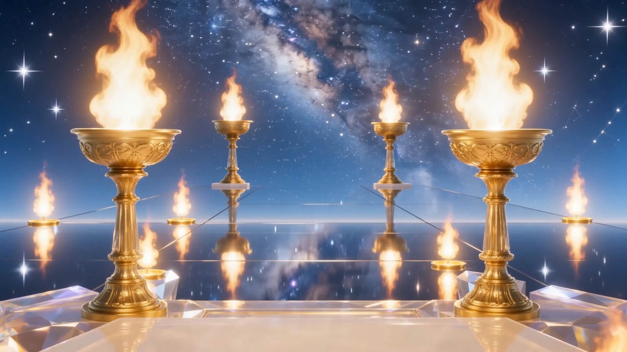 At the throne's foot: great lamps of fire, pillar-flames tall as trees