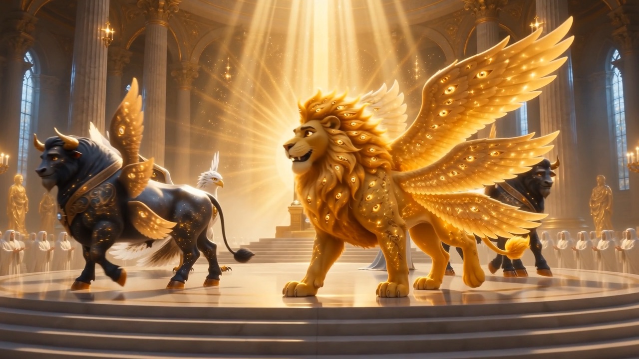 Nearest the throne, four colossi wheel slowly on six wings of woven dawn