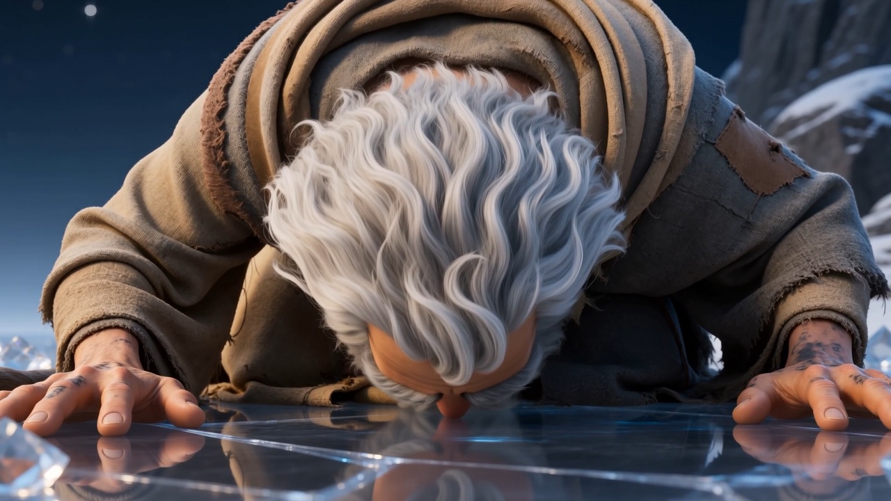 His knees fold, on purpose. He bows the white head, and worships