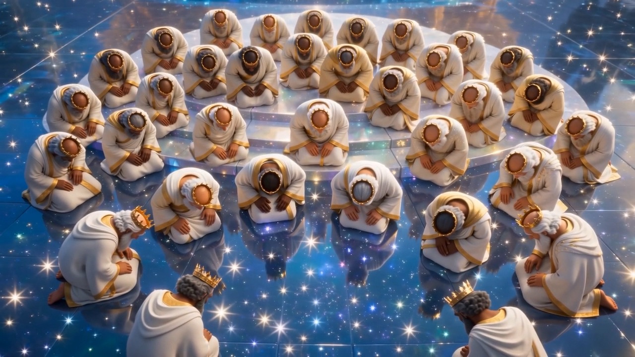 The elders come down from their thrones, and the great circle bows