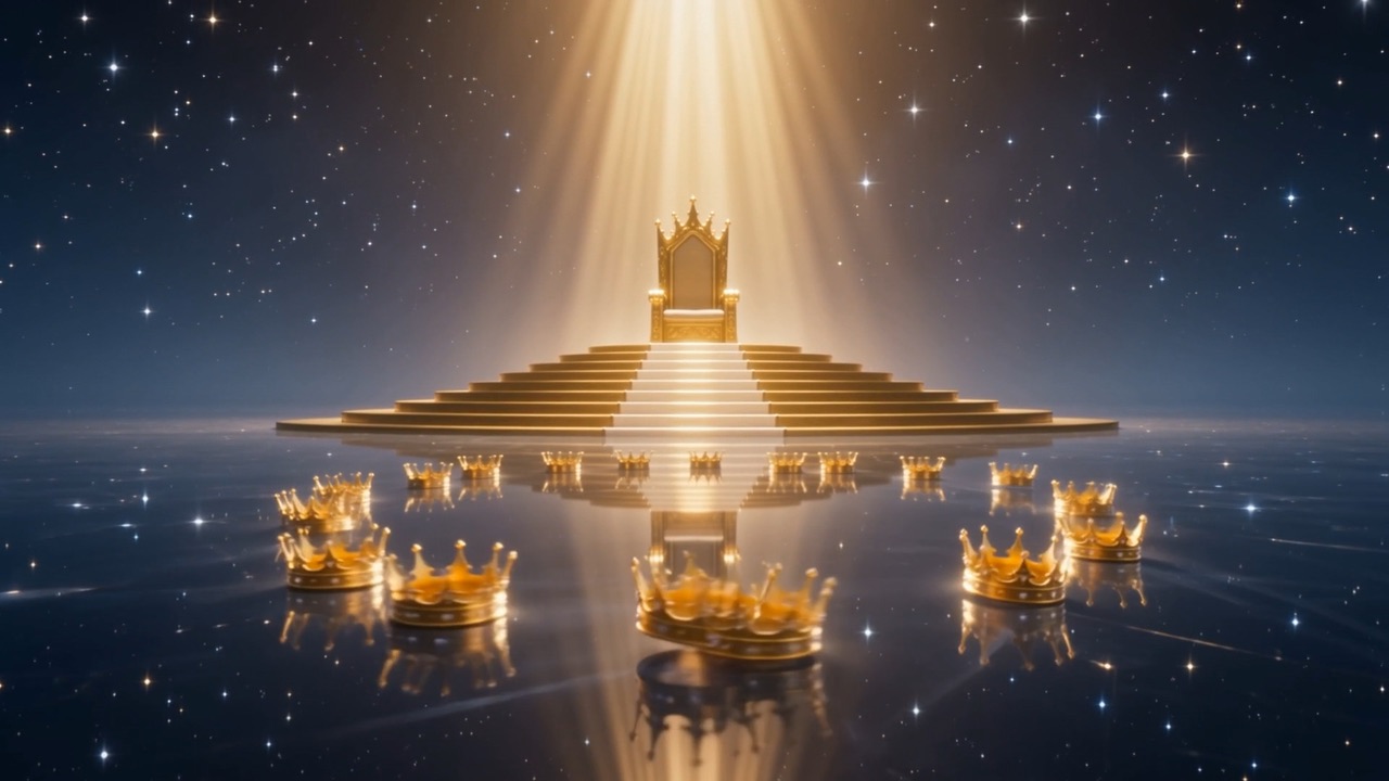 They come to rest at the throne's foot. Jewels down. Work done