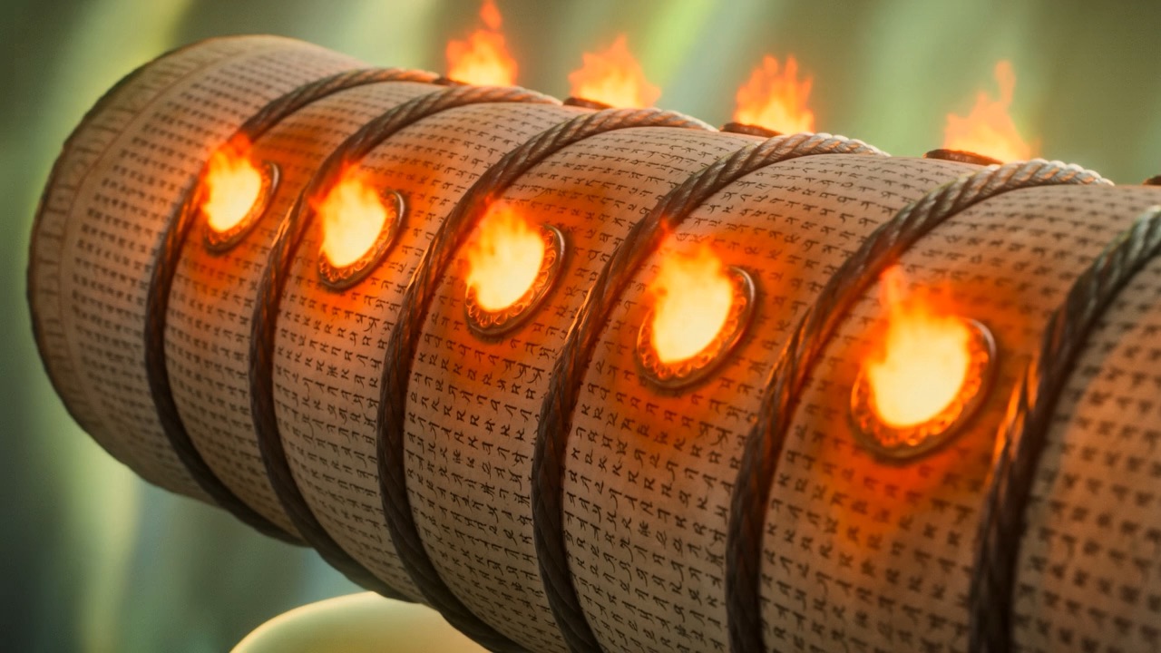 Bound shut by seals of red fire, each one a small burning sun