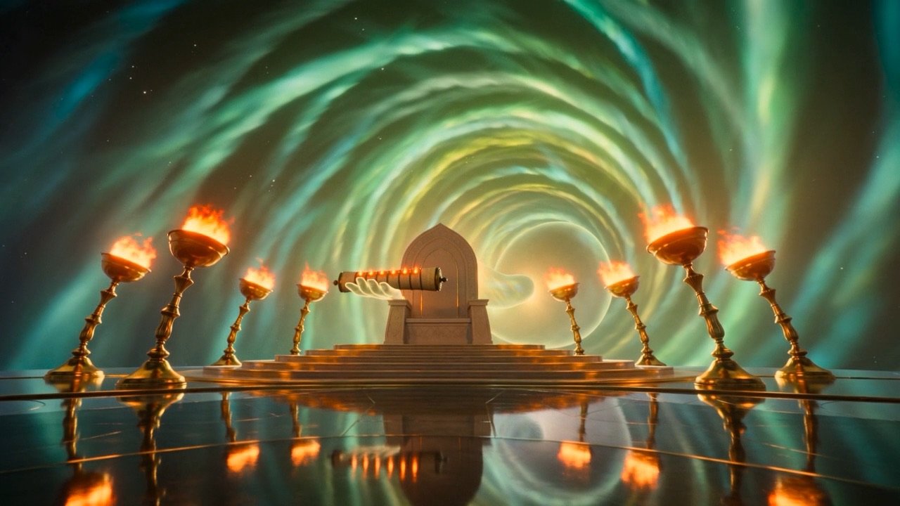The lamps bow their flames its way. Even the rainbow inclines