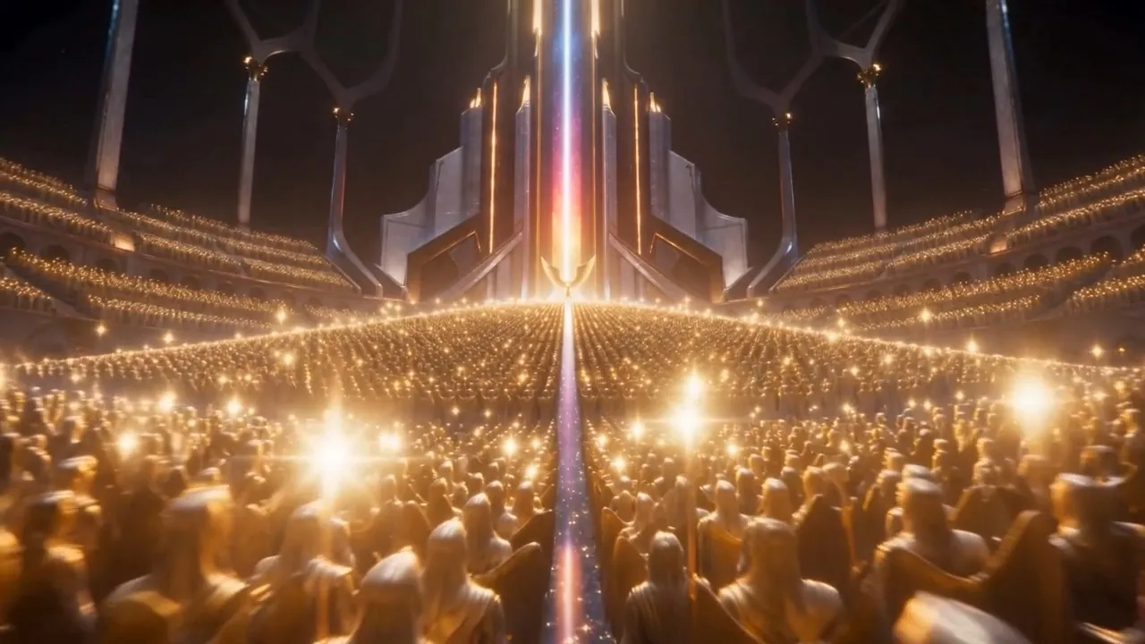 A herald the size of a tower, armored in gold