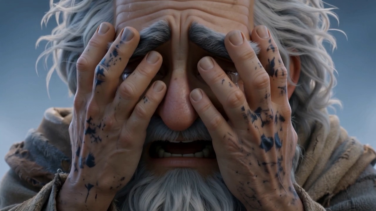 Tears finding the deep-cut channels of a ninety-year-old face