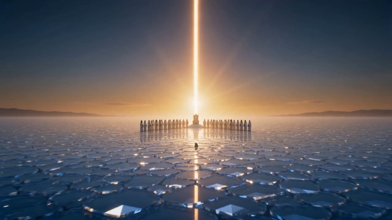 Far across the glass, the throne — and one figure crossing toward him