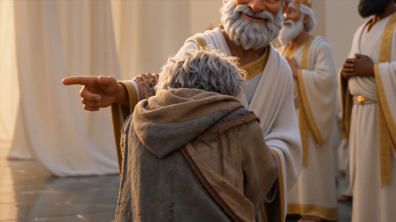 The Elder's open hand points him toward the parting ranks