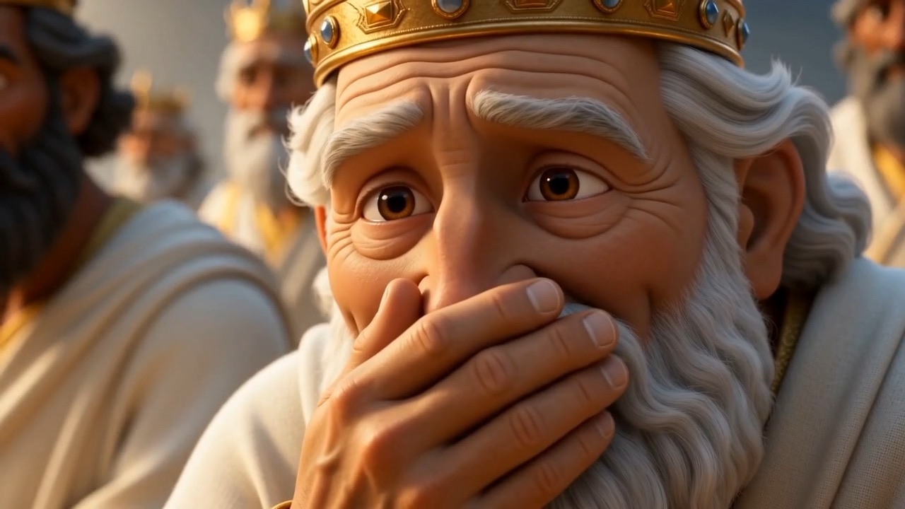 One ancient king's hand rises to his mouth