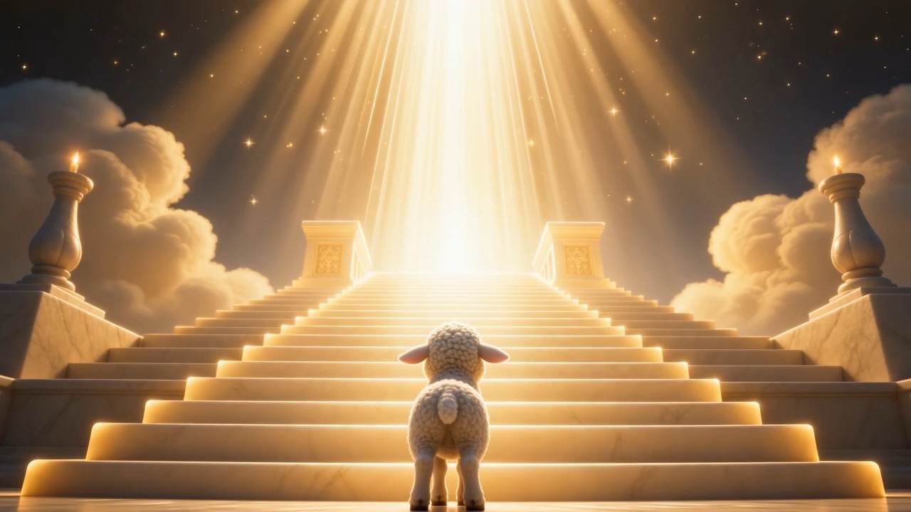 The last of the aisle, and steps of light rising into the radiance