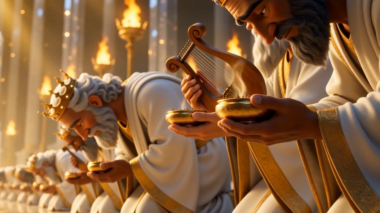 In every pair of hands now: a harp, and a golden bowl