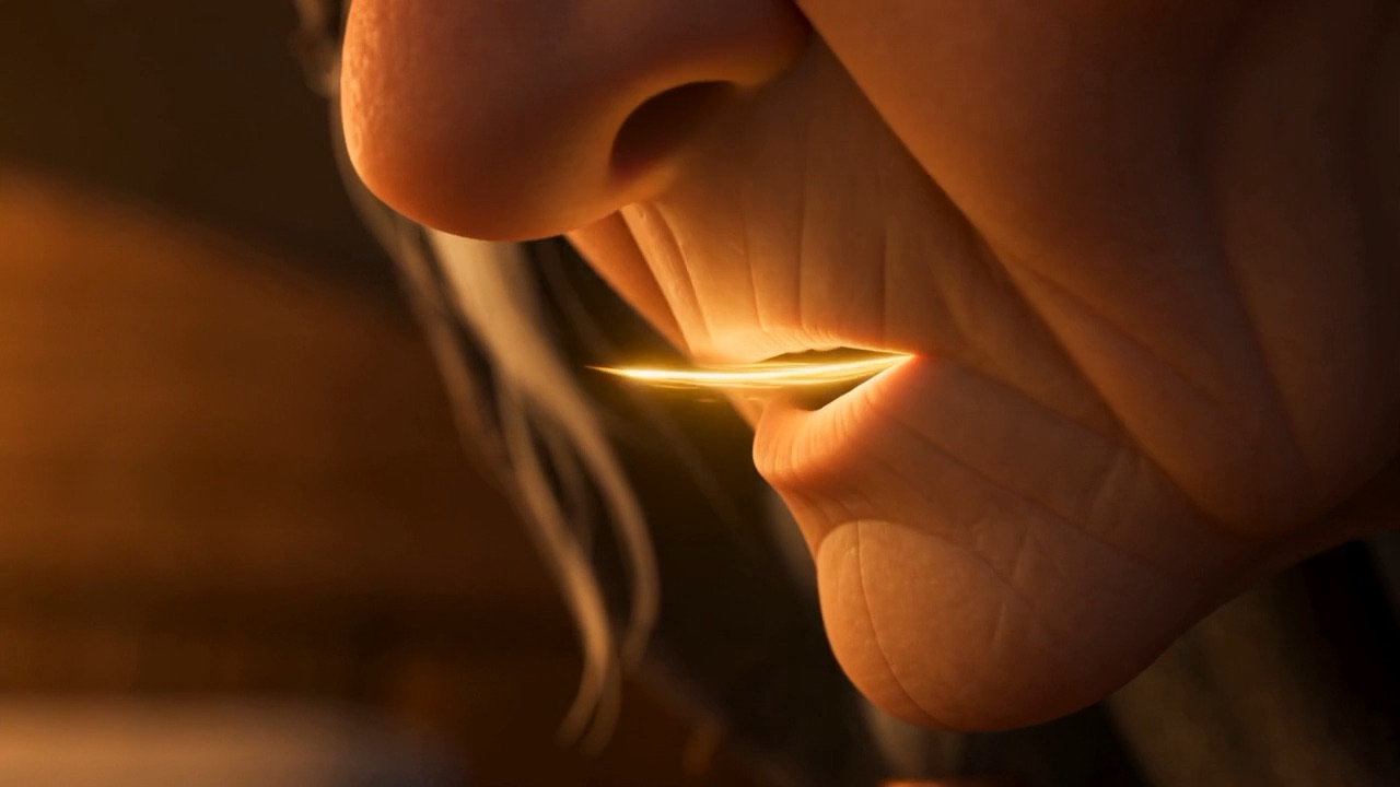Her whisper leaves her lips as a blade of golden light