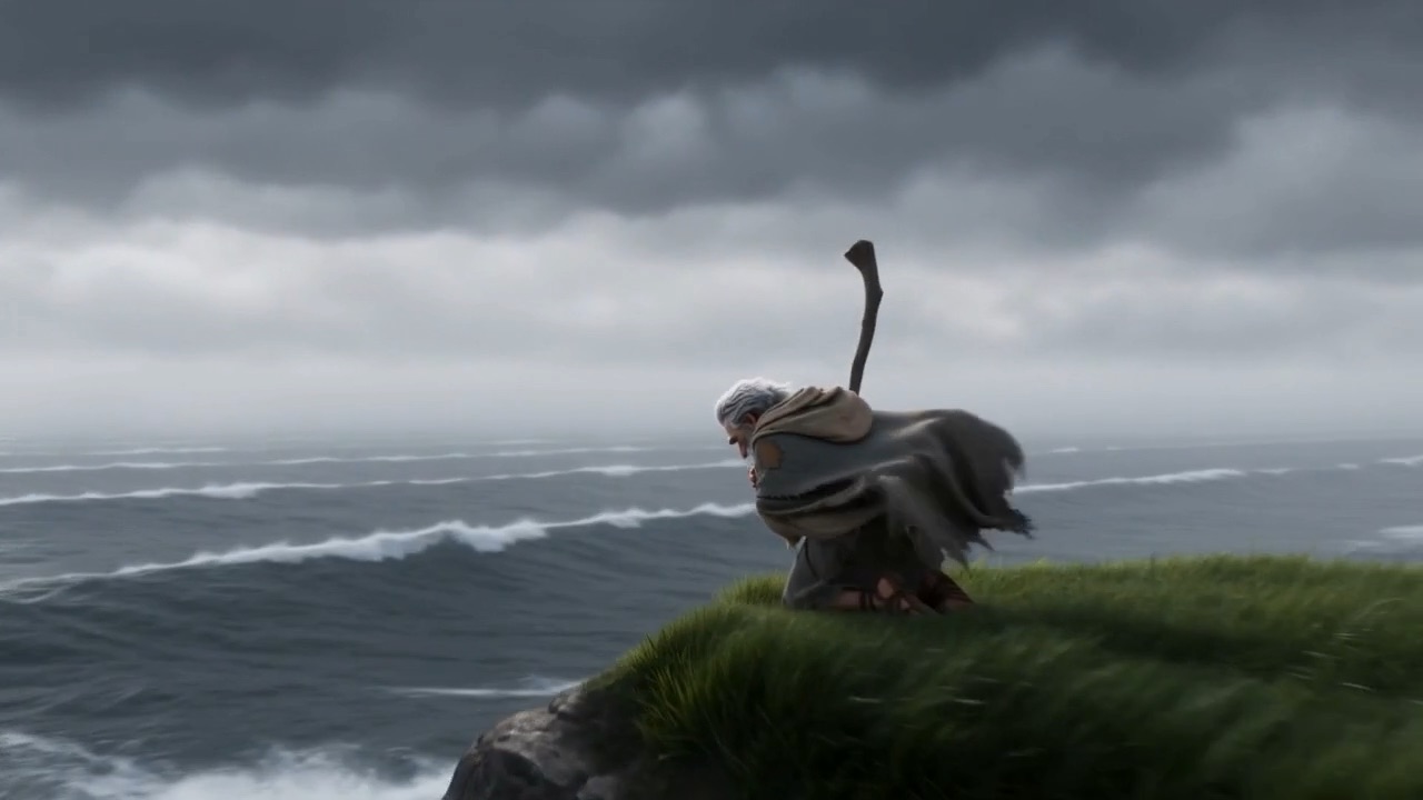 And in the third bowl: a headland over a grey sea, and a figure kneeling in the wind