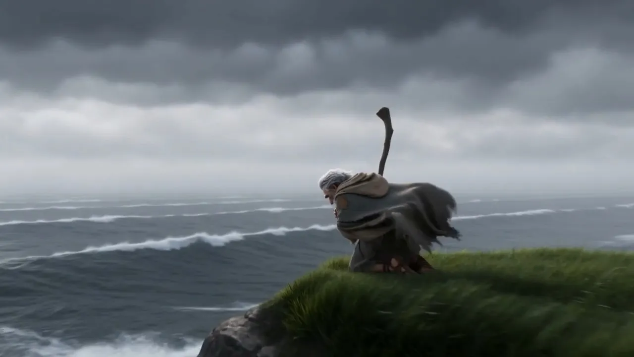 And in the third bowl: a headland over a gray sea, and a figure kneeling in the wind