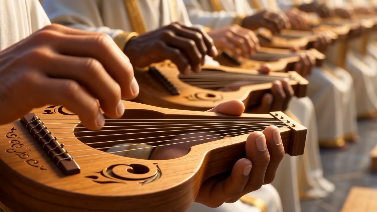 Forty-eight ancient hands draw across the strings at once