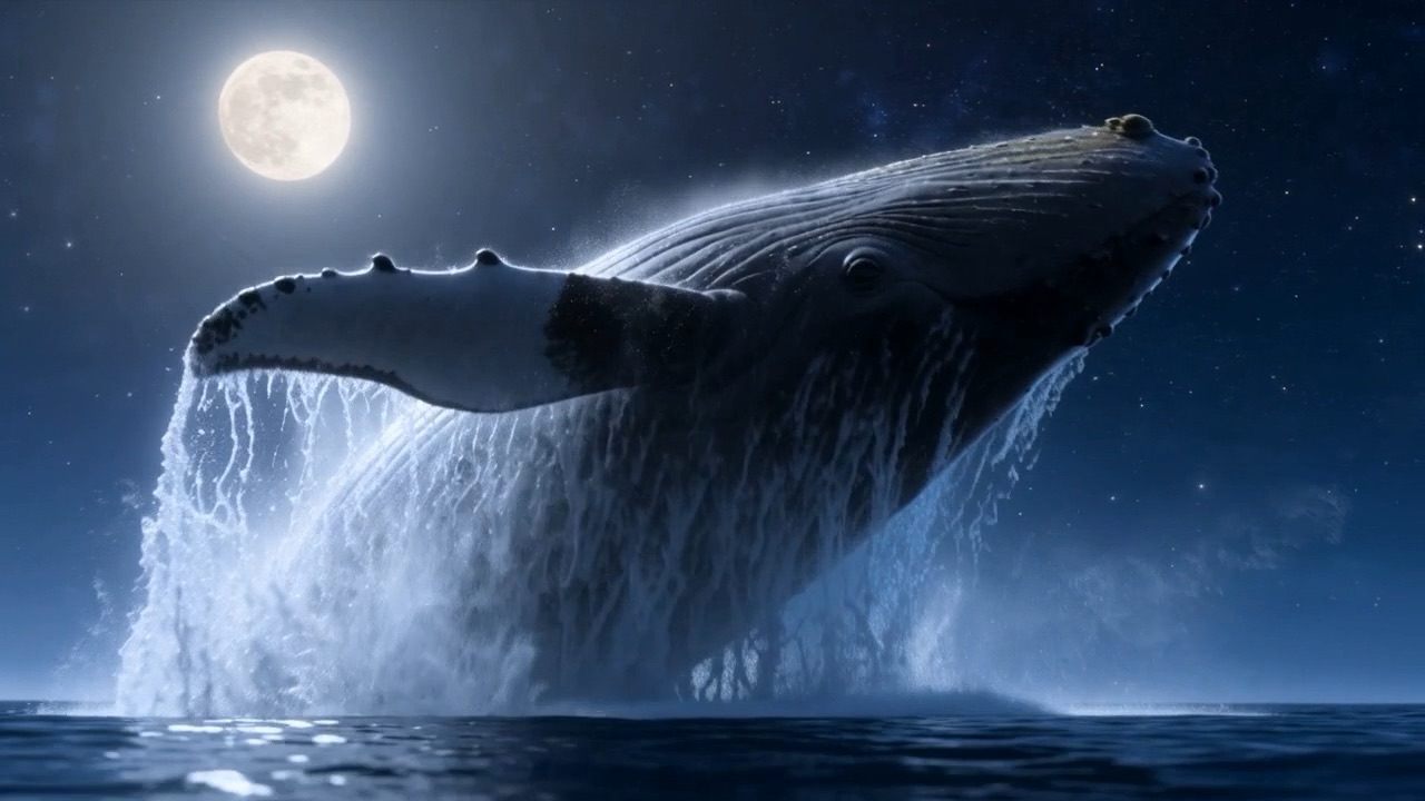 And the sea answers first: a whale rising in a tower of silver spray