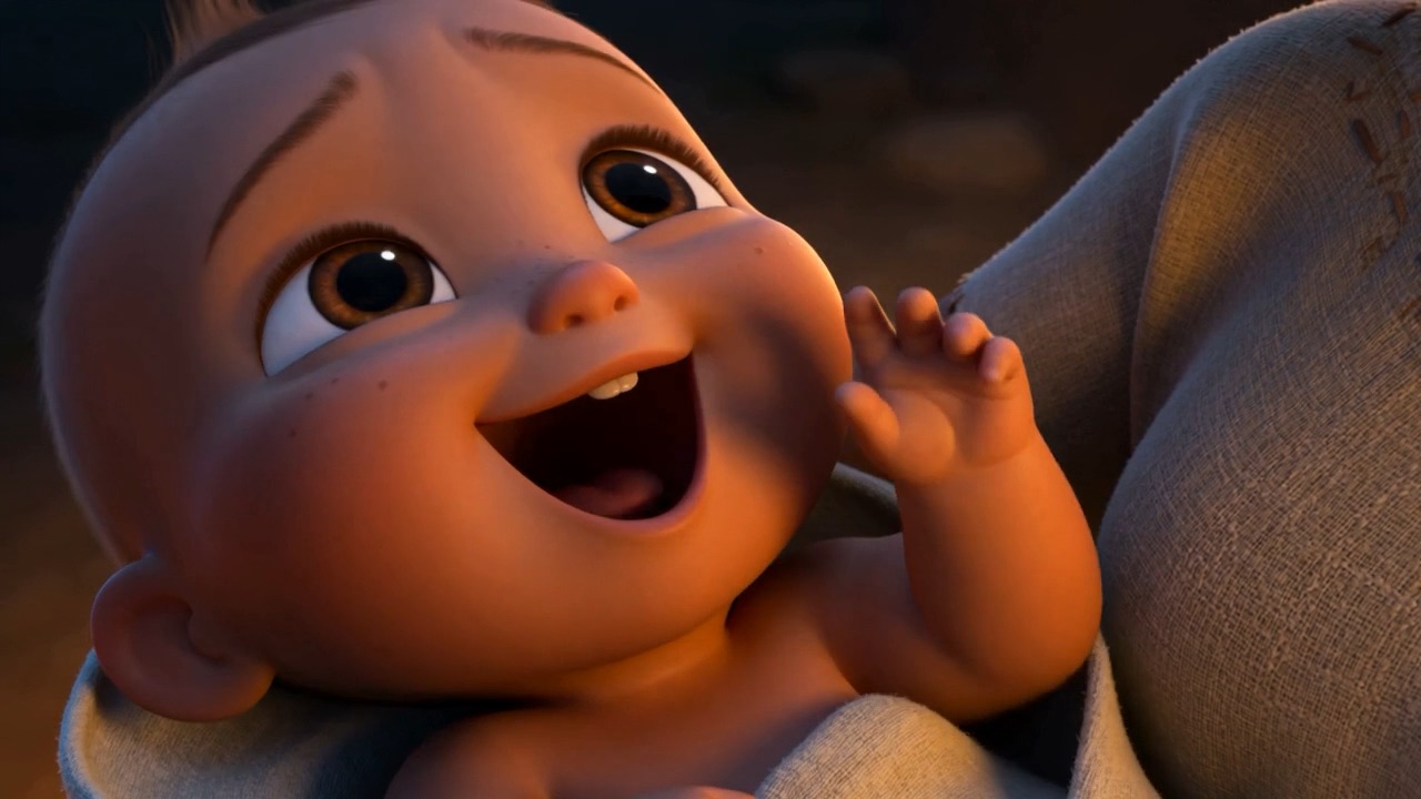 In a lamplit doorway, a baby finds the shimmer