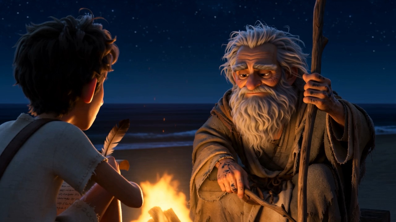 Then he leans in and pokes the fire, and says nothing yet