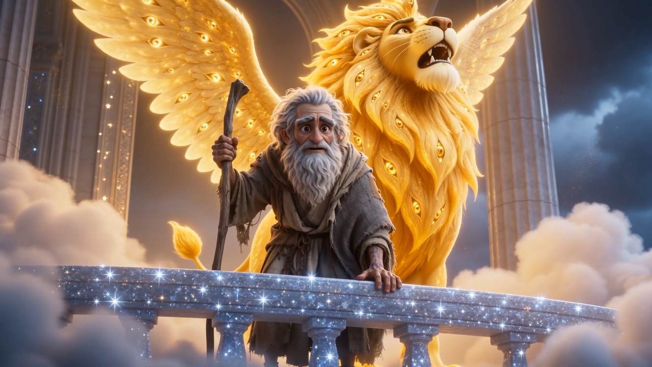 And the lion-creature wheels in close behind him, drawn up like a herald