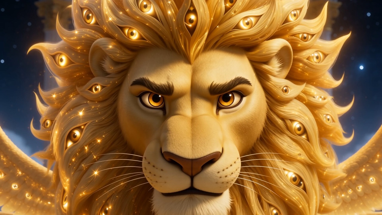 The lion-creature at the rim, mane like a slow fire, every feather watching