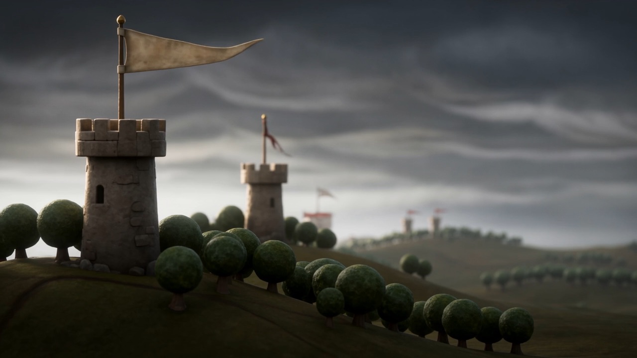 Below, on a tower no bigger than a game-piece, a red pennant comes down