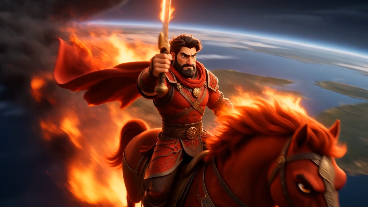 Its rider lifts a great sword, and the sky goes the colour of a forge