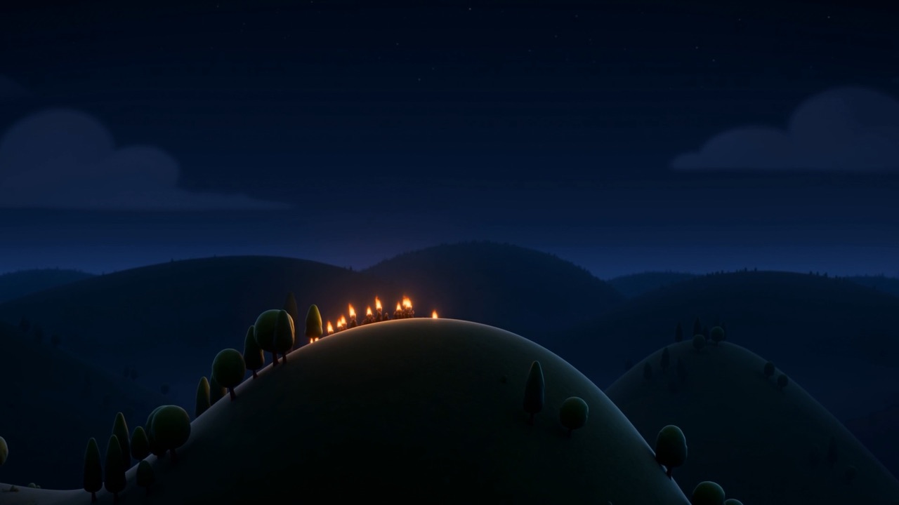 On a hilltop in the dark, torches gather — small hard lights, edging to the brow