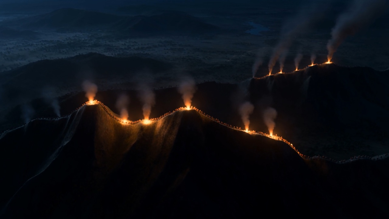 Beacon answers beacon down a mountain chain, each fire further than the last