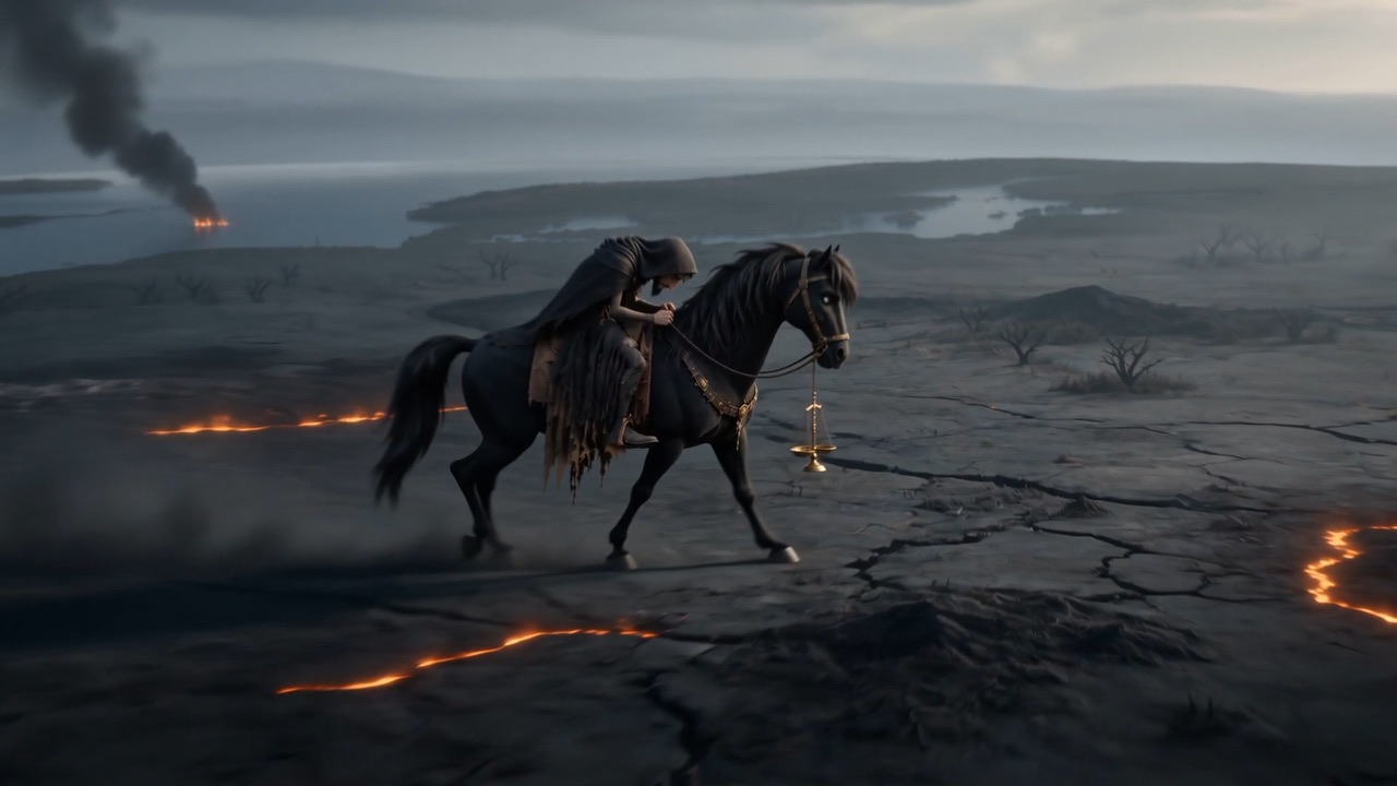 Out of the map's dimming east: a black horse, famine-thin, crossing whole countries at a walking pace