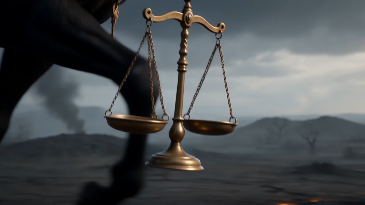 In his hand, a merchant's balance, swaying