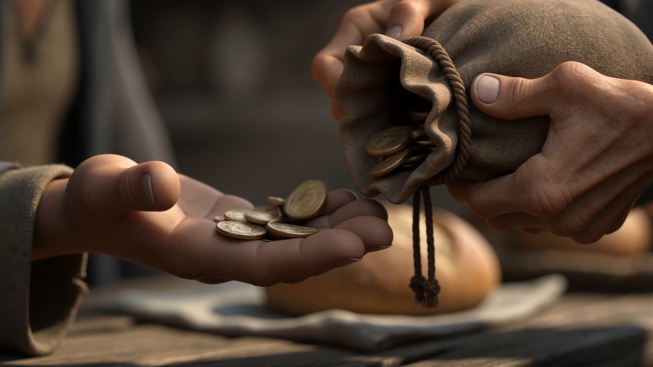 A pouch tips out into a waiting palm. Coin. By coin. By coin