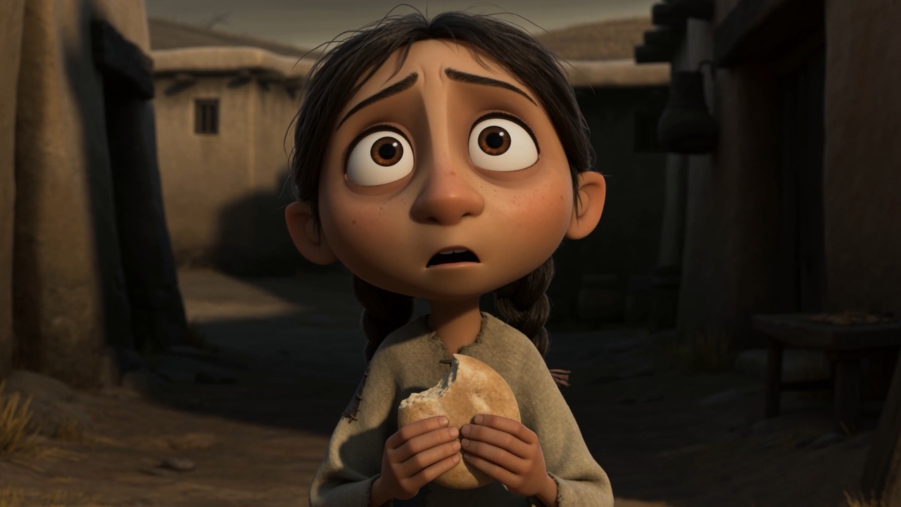 In a village lane, a girl stops dead with half a loaf held to her chest