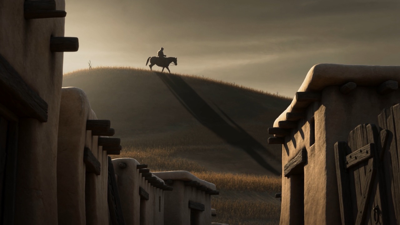 On the ridge above the roofs the black horse goes by, unhurried