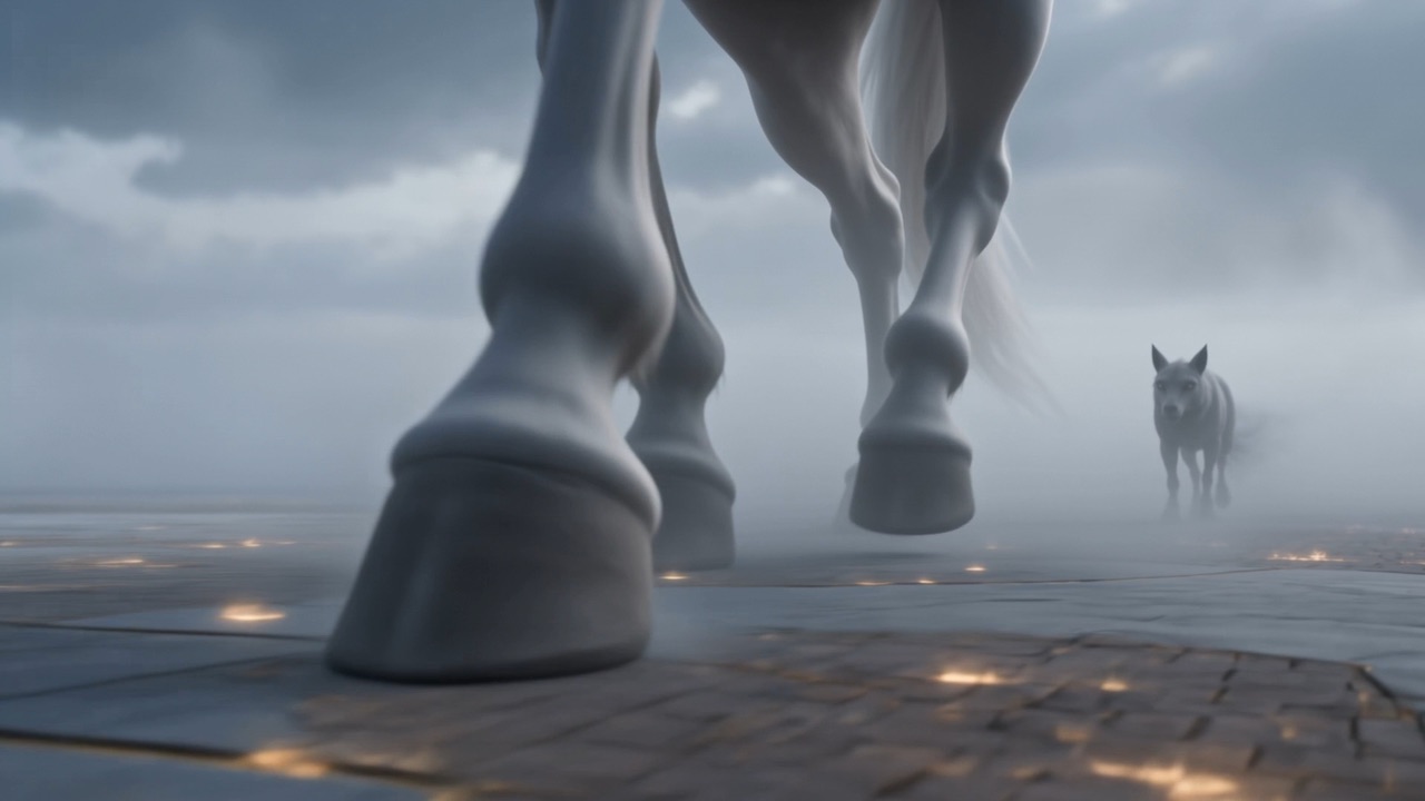 Behind them a low gray shape pads along, patient, keeping to heel