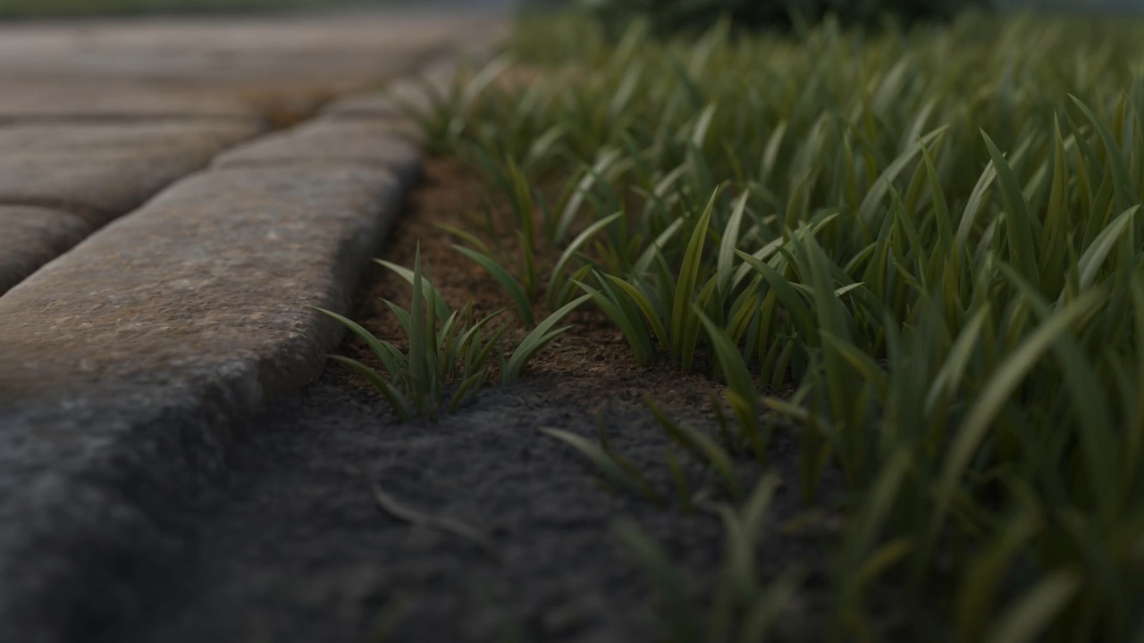 At the lane's edge, green blades