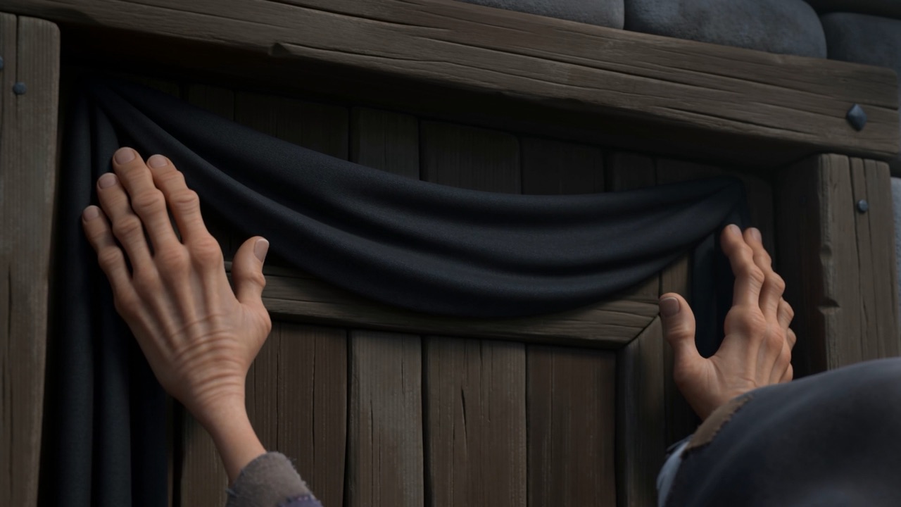 Old hands pin dark cloth over a doorway. Then another across the way. Then a third