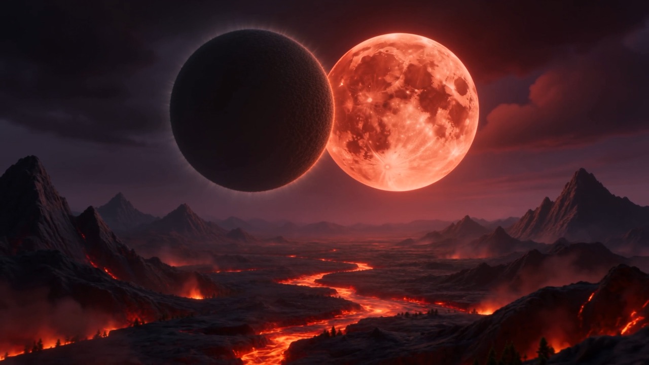 Black sun and red moon over a shaking world — day and night both in mourning