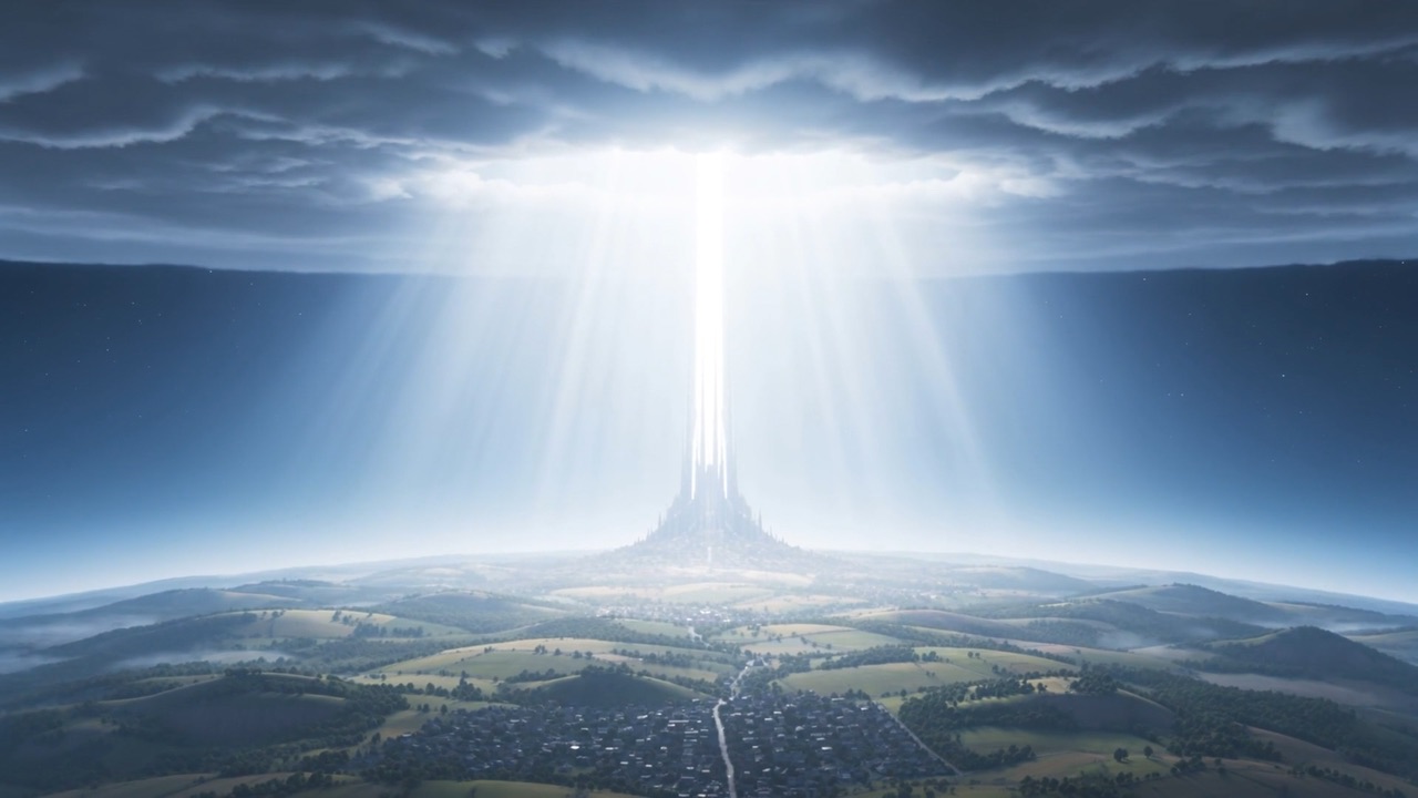 Behind it: light. Vast, serene, looking down through the opened roof of the world